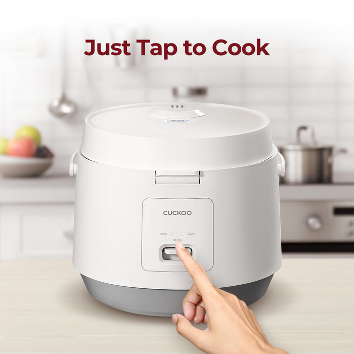 Cuckoo rice cooker with the slogan 'Just Tap to Cook', showing a finger pressing the one-touch control lever. (CR-1095)