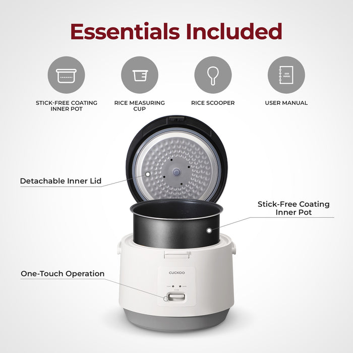 Cuckoo rice cooker features: stick-free inner pot, measuring cup, scoop, manual, detachable lid, and one-touch operation. (CR-1095)