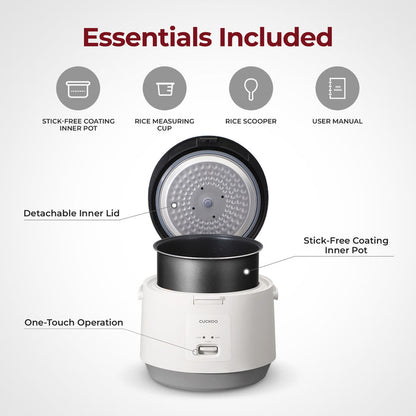 Cuckoo rice cooker features: stick-free inner pot, measuring cup, scoop, manual, detachable lid, and one-touch operation. (CR-1095)