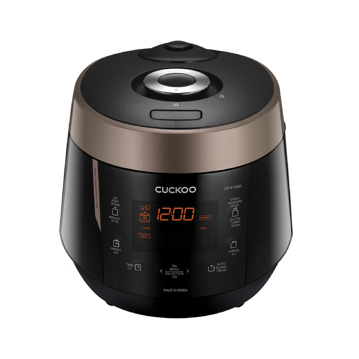 CUCKOO pressure rice cooker in a sleek black and copper finish, featuring a digital display and intuitive control panel. (CRP-P1009S)
