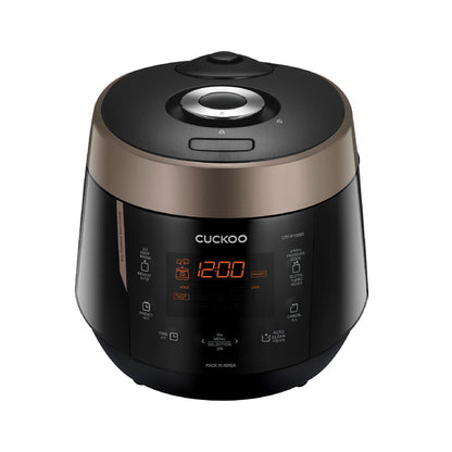 CUCKOO pressure rice cooker in a sleek black and copper finish, featuring a digital display and intuitive control panel. (CRP-P1009S)