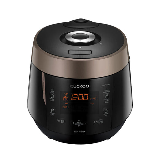 CUCKOO pressure rice cooker in a sleek black and copper finish, featuring a digital display and intuitive control panel. (CRP-P1009S)