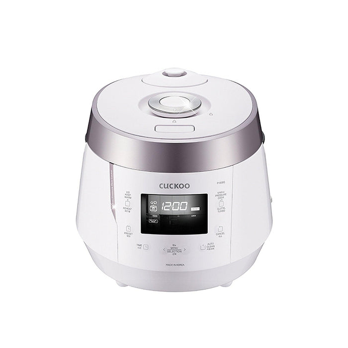 White CUCKOO rice cooker with a digital display and touch control panel, presented in a clean, modern design. (CRP-P1009S)