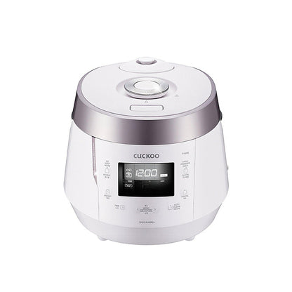 White CUCKOO rice cooker with a digital display and touch control panel, presented in a clean, modern design. (CRP-P1009S)