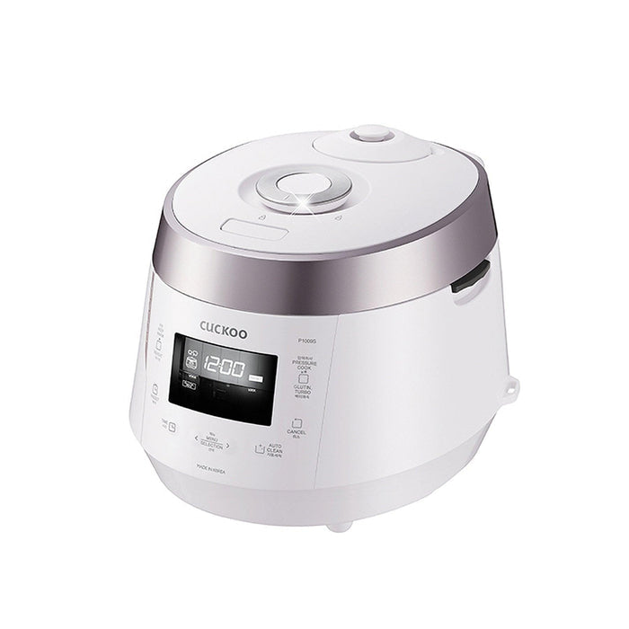 White and silver CUCKOO pressure rice cooker, featuring a modern design with a digital display and intuitive touch controls. (CRP-P1009S)