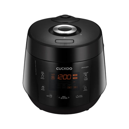 CUCKOO pressure rice cooker in a sleek black finish, featuring a digital display panel and top-mounted steam release valve. (CRP-PK1001S)