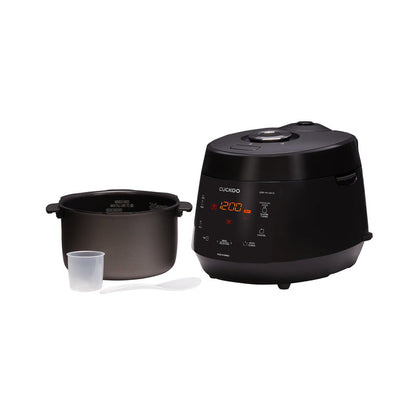 CUCKOO black pressure rice cooker shown with its inner pot, measuring cup, and rice spatula. (CRP-PK1001S)