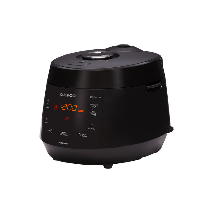 CUCKOO pressure rice cooker in a black finish, featuring a digital display interface and top-mounted steam release valve. (CRP-PK1001S)