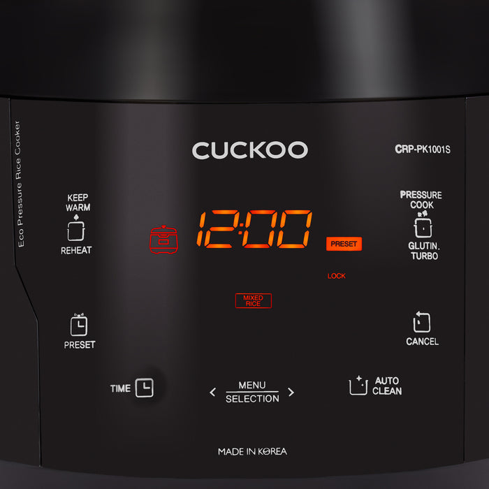 Close-up of the CUCKOO rice cooker digital control panel, displaying cooking options like Keep Warm, and Pressure Cook. (CRP-PK1001S)