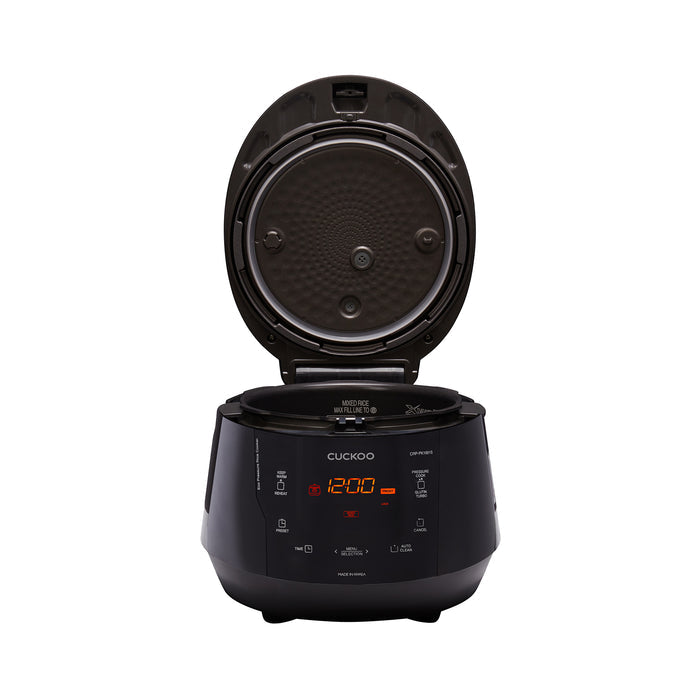 CUCKOO black pressure rice cooker with its lid open, exposing the internal cooking pot and inner cover plate. (CRP-PK1001S)