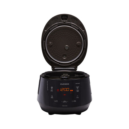 CUCKOO black pressure rice cooker with its lid open, exposing the internal cooking pot and inner cover plate. (CRP-PK1001S)