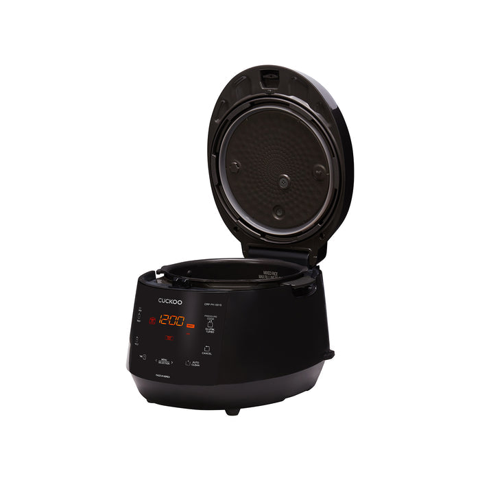 CUCKOO black pressure rice cooker with the lid open, showing the interior pot and detachable inner cover plate. (CRP-PK1001S)