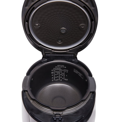 Close-up of an open CUCKOO rice cooker, showing the non-stick inner pot with water level markings and the inner lid cover. (CRP-PK1001S)