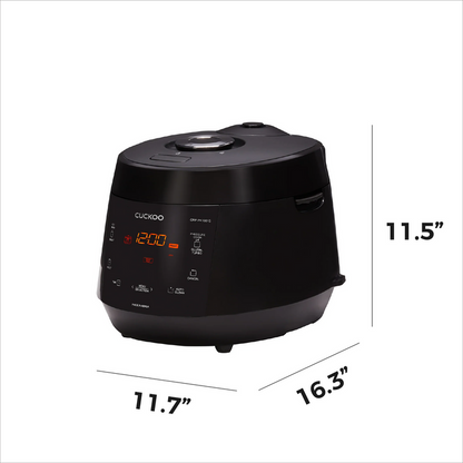 CUCKOO black pressure rice cooker with dimensions labeled as 11.7 inches wide, 16.3 inches deep, and 11.5 inches high. (CRP-PK1001S)
