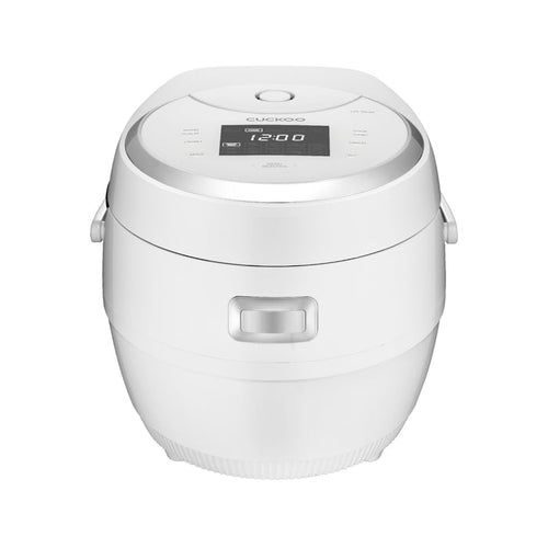 White Cuckoo electric rice cooker with a digital display panel and top-mounted control buttons. (CR-1020F)