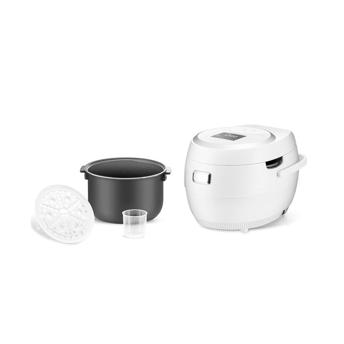 White Cuckoo rice cooker with its inner cooking pot, a plastic steaming tray, and a measuring cup. (CR-1020F)