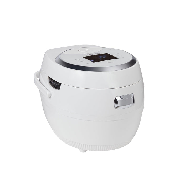 White Cuckoo electric rice cooker shown from an angled perspective, featuring a top digital control panel and side handle. (CR-1020F)