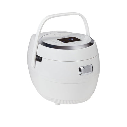 White Cuckoo electric rice cooker shown at an angle, featuring a digital control panel and an upright carrying handle. (CR-1020F)