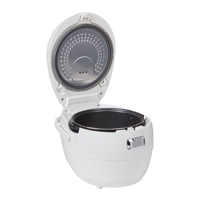 White Cuckoo electric rice cooker shown with its hinged lid fully opened, revealing the dark inner cooking pot. (CR-1020F)