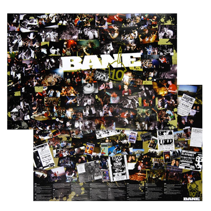 Two Bane collage posters for the band’s 10th anniversary, featuring photos of live shows, fans, band members, flyers, and memorabilia. “BANE 10” is in bold on the top poster. Shipped rolled in a sturdy tube.