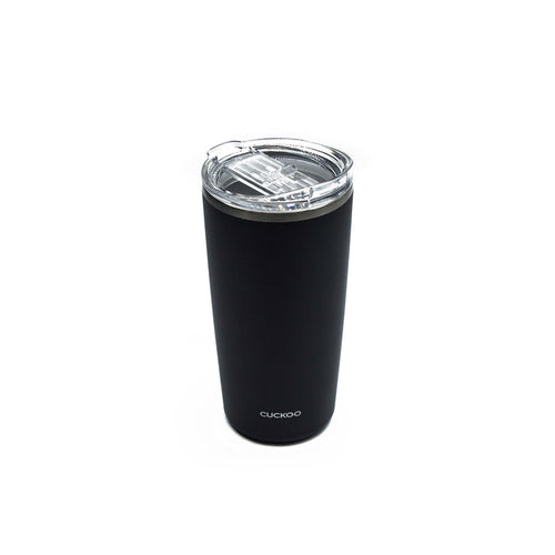 CUCKOO 16.9 fl. oz. insulated tumbler in matte black with a clear, spill-resistant lid against a plain white background. (CVB-D50SB)