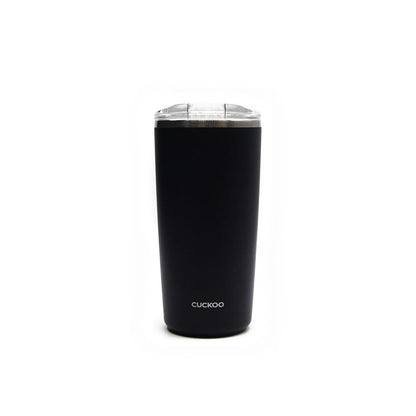 Matte black CUCKOO 16.9 fl. oz. insulated tumbler featuring a clear lid and minimal design, centered on a white background. (CVB-D50SB)