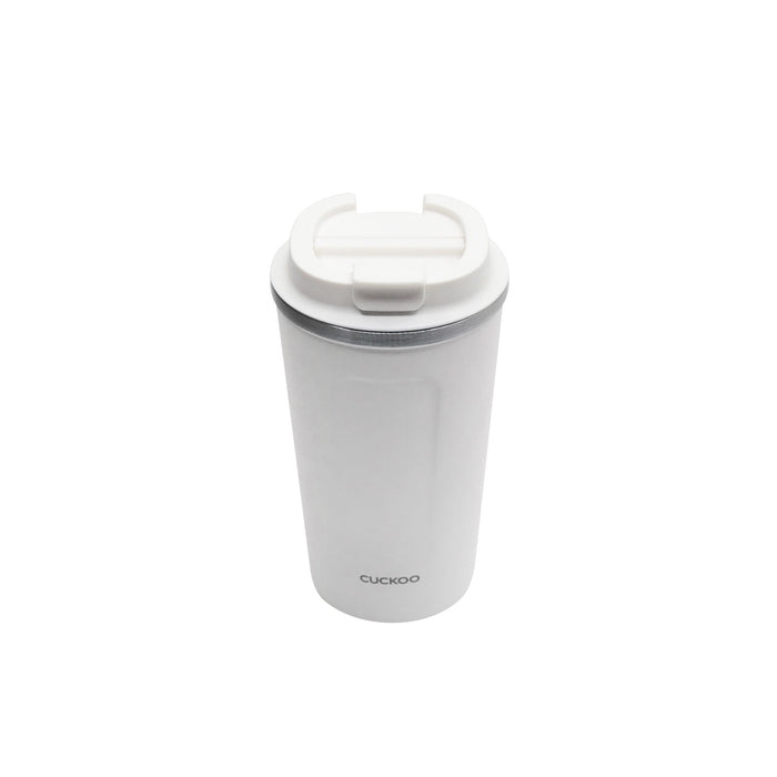 CUCKOO 16.9 fl. oz. insulated tumbler in matte white with a matching lid, centered against a plain white background. (CVB-E48SW)