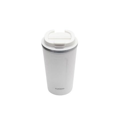 CUCKOO 16.9 fl. oz. insulated tumbler in matte white with a matching lid, centered against a plain white background. (CVB-E48SW)