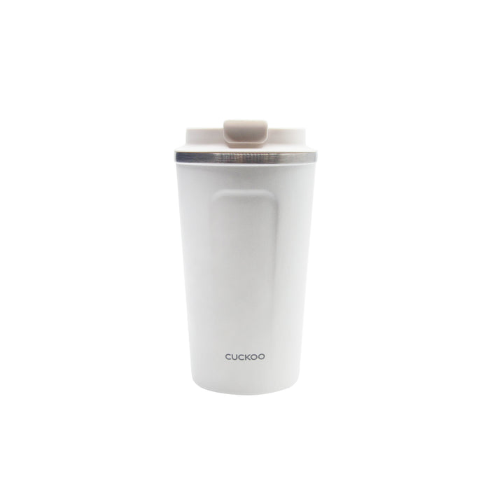CUCKOO 16.9 fl. oz. white insulated tumbler featuring a secure, light-colored lid, centered against a plain white background. (CVB-E48SW)