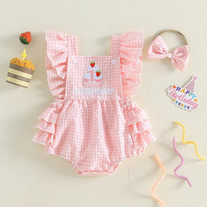 1st BIRTHDAY Checkered Ruffle Romper