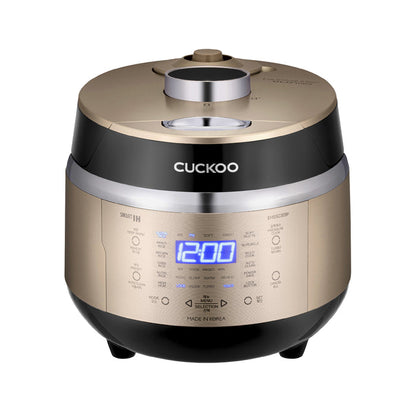 Gold and black CUCKOO Smart IH rice cooker featuring a digital display and touch control panel. (CRP-EHSS0309F)