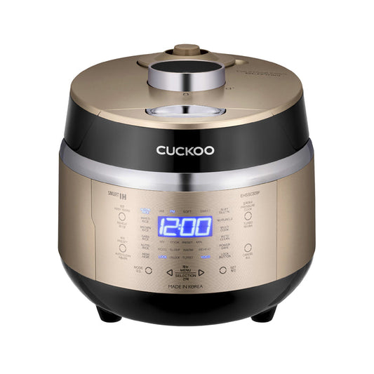 Gold and black CUCKOO Smart IH rice cooker featuring a digital display and touch control panel. (CRP-EHSS0309F)