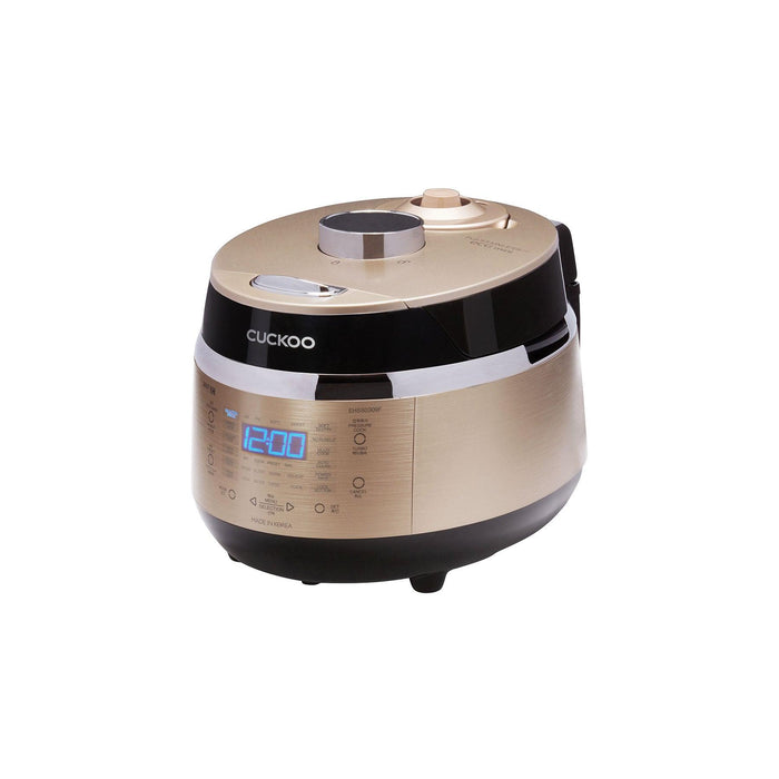 Gold and black CUCKOO rice cooker on a white background, featuring a digital display and touch-sensitive control panel. (CRP-EHSS0309F)