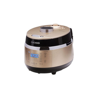 Gold and black CUCKOO rice cooker on a white background, featuring a digital display and touch-sensitive control panel. (CRP-EHSS0309F)