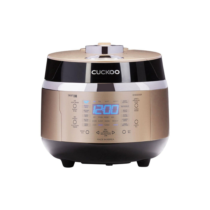 Gold and black CUCKOO Smart IH rice cooker on a white background, featuring a blue digital display and touch controls. (CRP-EHSS0309F)