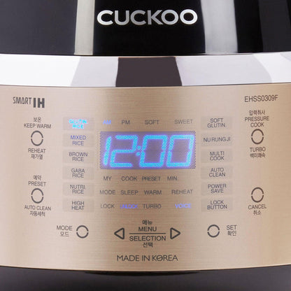 Close-up of a CUCKOO Smart IH rice cooker control panel with a digital clock, touch-sensitive menu buttons, and text labels. (CRP-EHSS0309F)