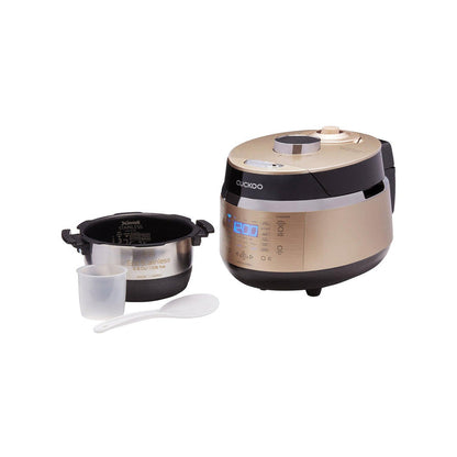 CUCKOO rice cooker set including the main unit, removable stainless steel inner pot, measuring cup, and rice spatula. (CRP-EHSS0309F)