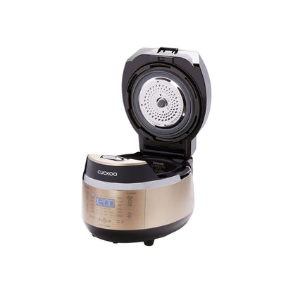 Open CUCKOO rice cooker showing the interior X-wall stainless steel pot and the lid's cleaning mechanism. (CRP-EHSS0309F)