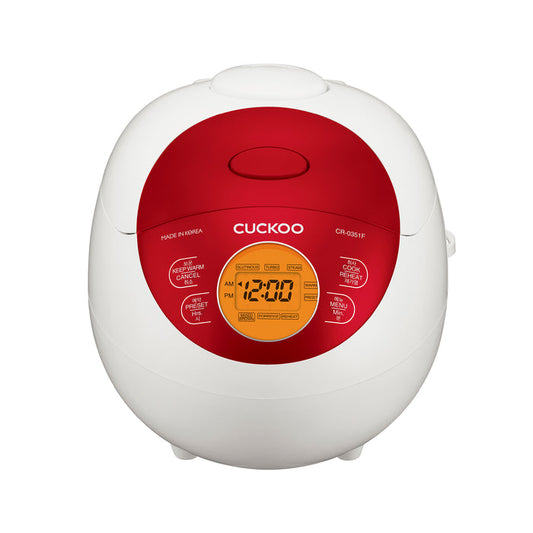 Cuckoo CR-0351F electric rice cooker in white and red. Features a digital interface for precise cooking and multiple modes. (CR-0351FR)