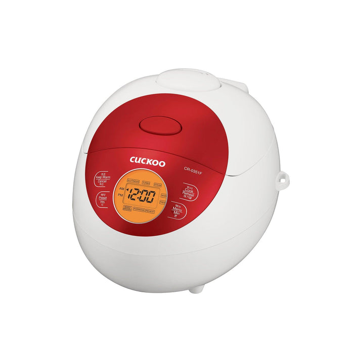 Cuckoo CR-0351F electric rice cooker in white and red. Features a digital display and various cooking modes. (CR-0351FR)