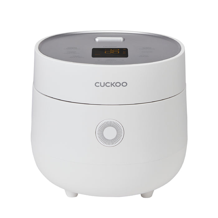 White Cuckoo rice cooker with a minimalist design, featuring a top-mounted LED display and a circular front button. (CR-0375F)