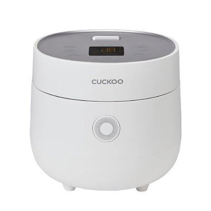 White Cuckoo rice cooker with a minimalist design, featuring a top-mounted LED display and a circular front button. (CR-0375F)