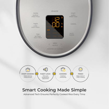 Cuckoo rice cooker control panel and a process diagram showing four smart stages: start, fuzzy logic, cooking, and finish. (CR-0375F)