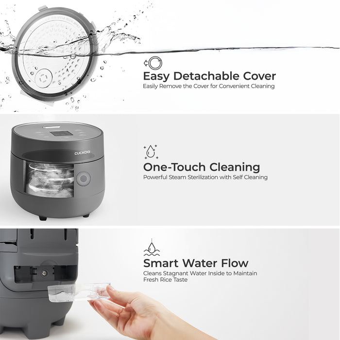 Cuckoo rice cooker cleaning features: easy detachable cover, one-touch steam sterilization, and a smart water flow system. (CR-0375F)