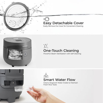 Cuckoo rice cooker cleaning features: easy detachable cover, one-touch steam sterilization, and a smart water flow system. (CR-0375F)