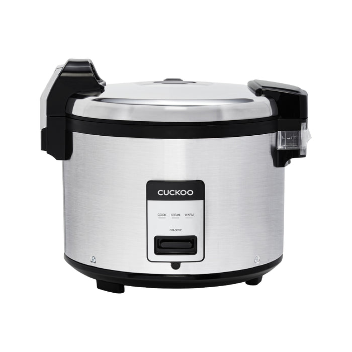 Cuckoo stainless steel rice cooker with black accents and front control panel settings for Cook, Steam, and Warm. (CR-3032)