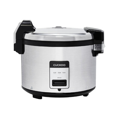 Cuckoo stainless steel rice cooker with black accents and front control panel settings for Cook, Steam, and Warm. (CR-3032)