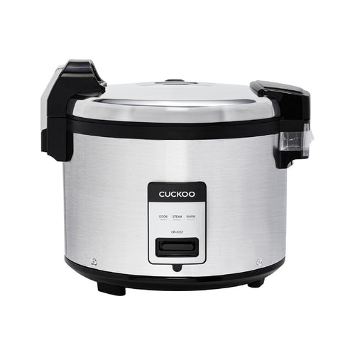 Cuckoo stainless steel rice cooker with black accents and front control panel settings for Cook, Steam, and Warm. (CR-3032)