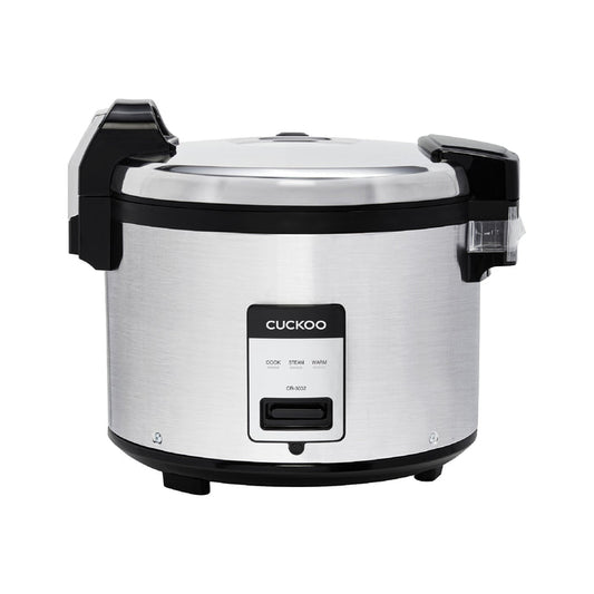 Cuckoo stainless steel rice cooker with black accents and front control panel settings for Cook, Steam, and Warm. (CR-3032)