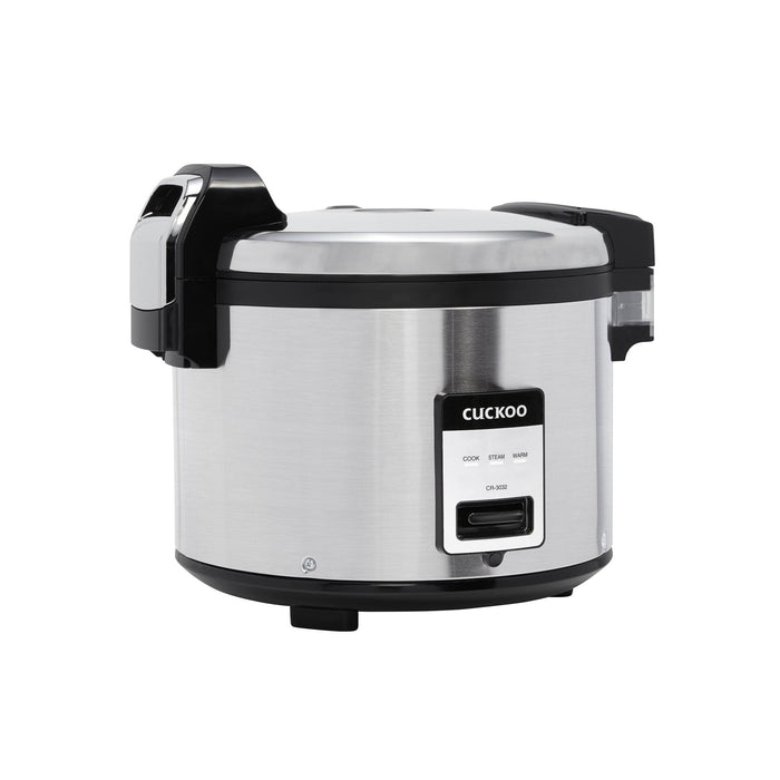 Cuckoo stainless steel rice cooker featuring a black control panel with Cook, Steam, and Warm settings. (CR-3032)